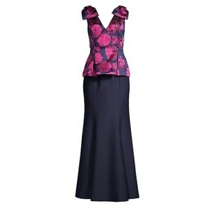 Aidan Mattox V Neck Jacquard Peplum Mermaid Bow Magenta Navy Gown Dress Size 6